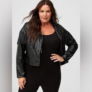 Torrid Women's 0 Faux Leather Zip Up Moto Fringe Jacket Deep Black